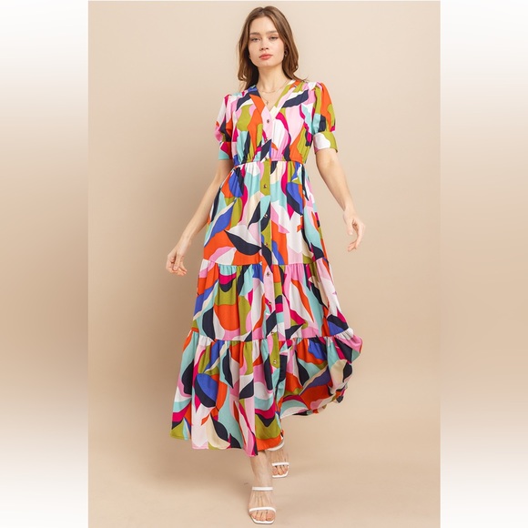 24 Beautiful Multi Color Tiered Button Down Maxi Dress - Picture 2 of 5